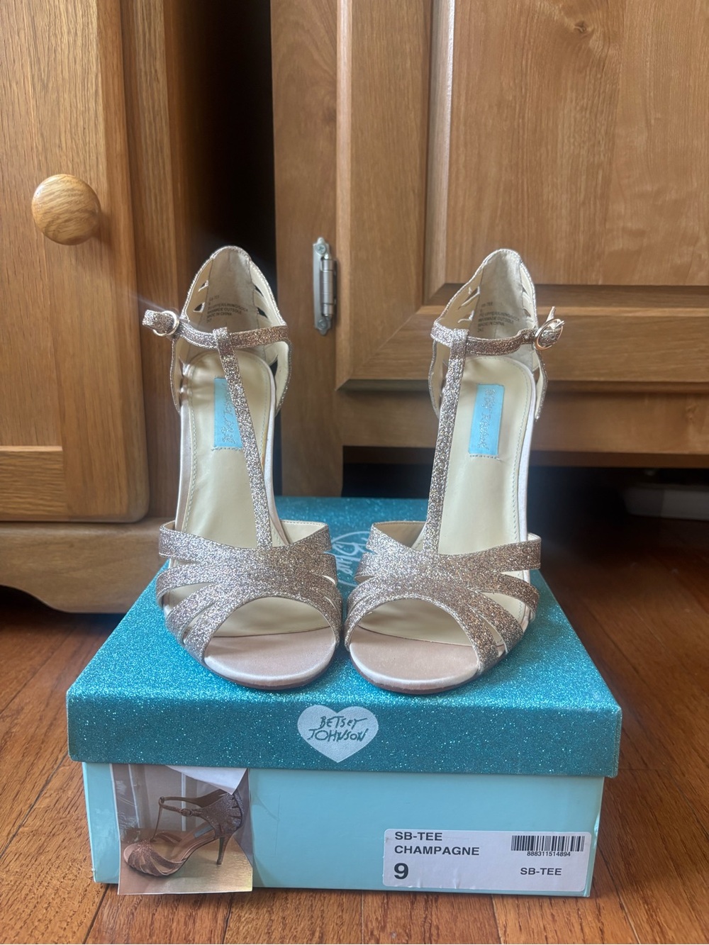 Betsey Johnson Champagne Glitter T-Strap Heels